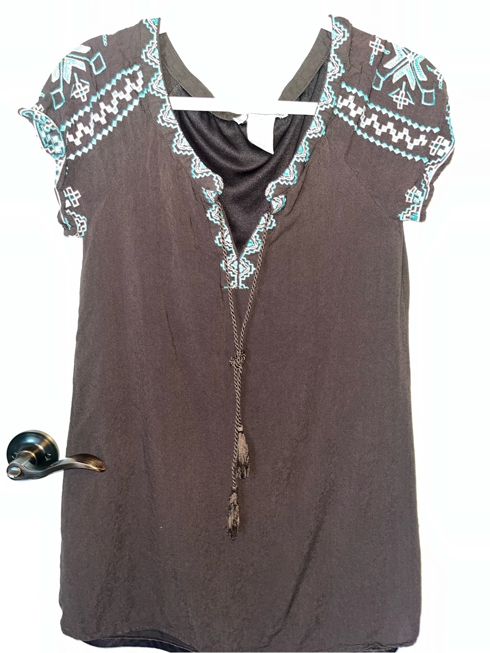 Flying Tomato Brown Tunic with Teal Embroidery and Tassel